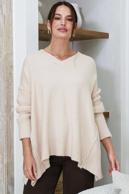 Ridge Jumper - V Neck Relaxed Shark Bite Ribbed Hemline Knit in Oatmeal