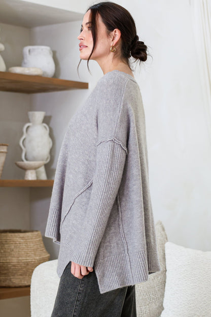 Ridge Jumper - V Neck Relaxed Shark Bite Ribbed Hemline Knit in Grey