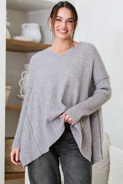 Ridge Jumper - V Neck Relaxed Shark Bite Ribbed Hemline Knit in Grey