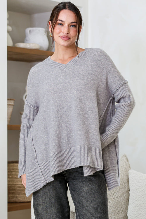 Ridge Jumper - V Neck Relaxed Shark Bite Ribbed Hemline Knit in Grey