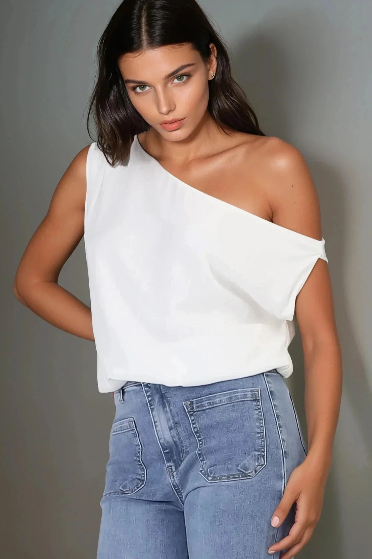 Rielle Top - One Shoulder Asymmetric Bodysuit in White