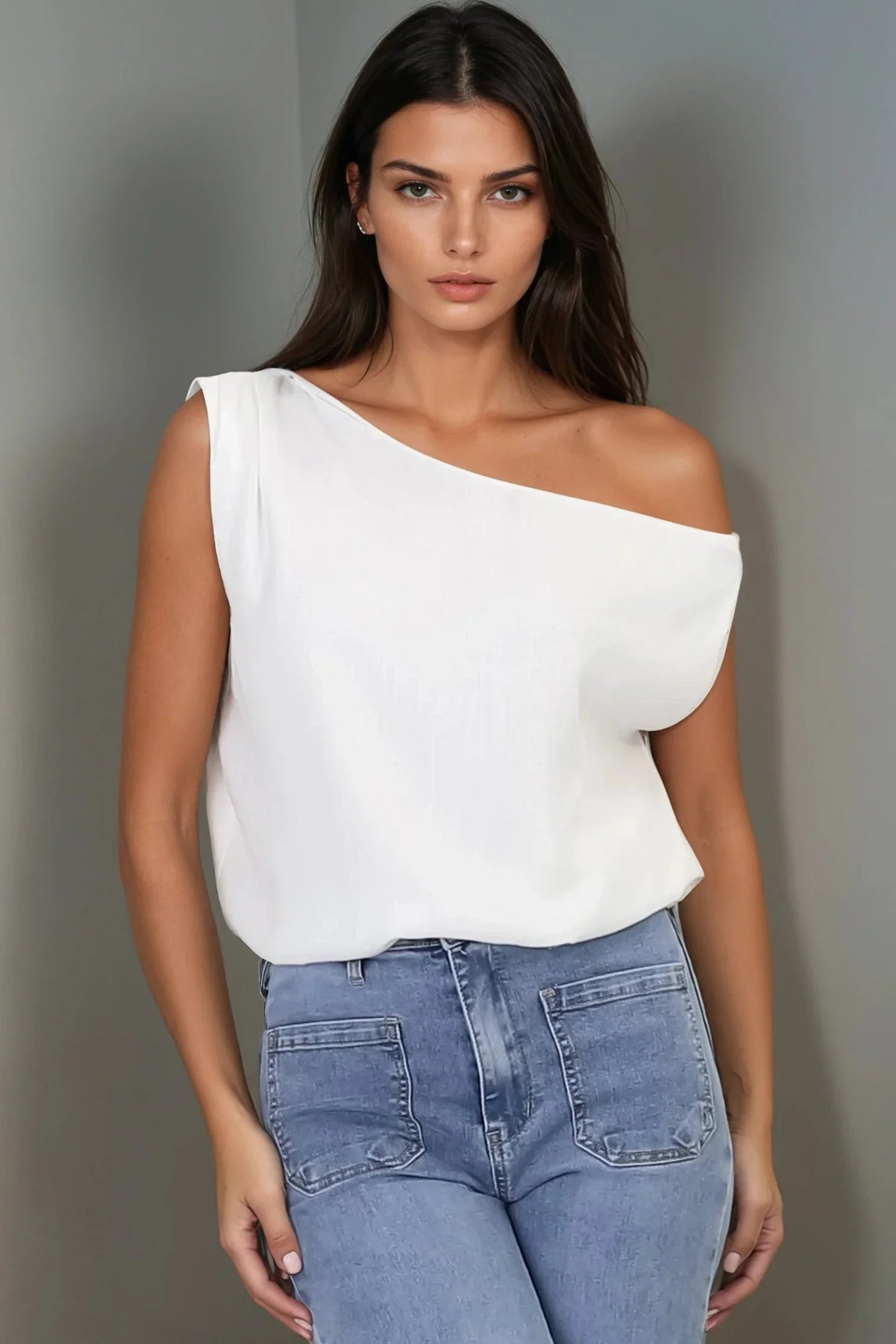 Rielle Top - One Shoulder Asymmetric Bodysuit in White