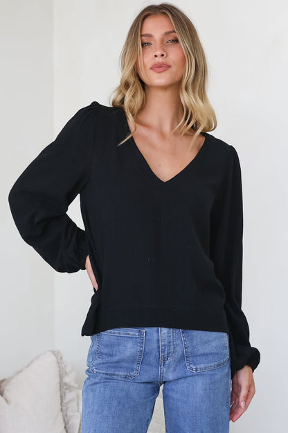 Ritual Top - V-Neck High Low Pull Over with Long Balloon Sleeves in Black
