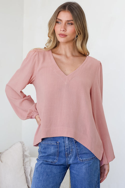 Ritual Top - V-Neck High Low Pull Over with Long Balloon Sleeves in Dusty Pink