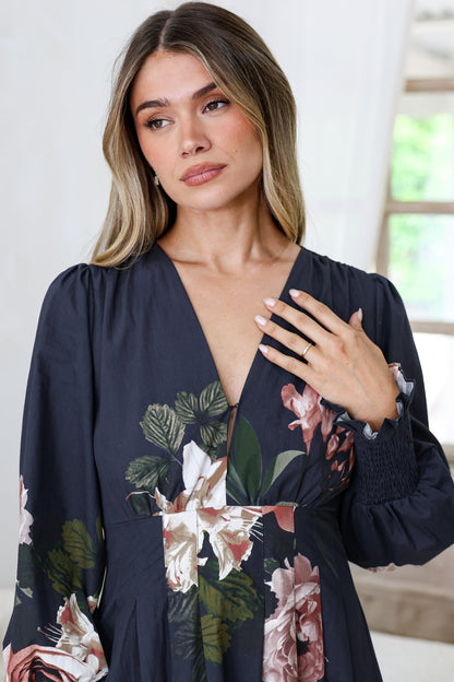 Romaine Midi Dress - V Neck Balloon Sleeve Dress with Shirred Elasticated Cuffs in Mika Print Navy