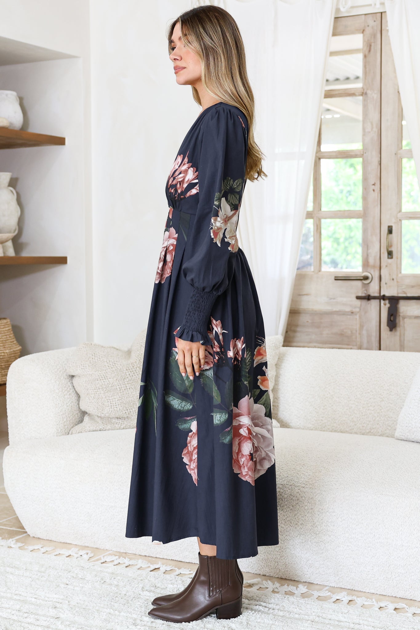 Romaine Midi Dress - V Neck Balloon Sleeve Dress with Shirred Elasticated Cuffs in Mika Print Navy