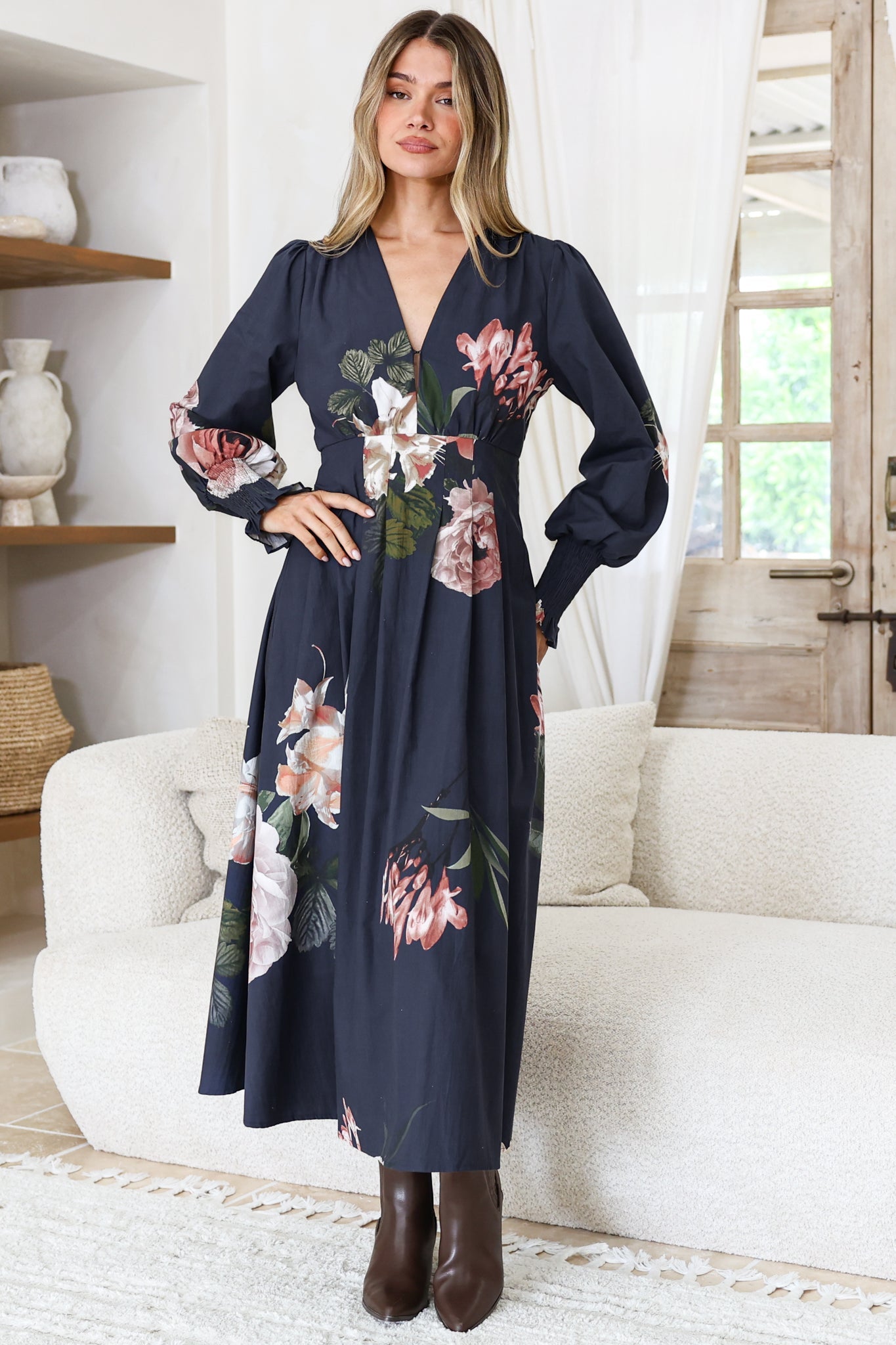 Romaine Midi Dress - V Neck Balloon Sleeve Dress with Shirred Elasticated Cuffs in Mika Print Navy