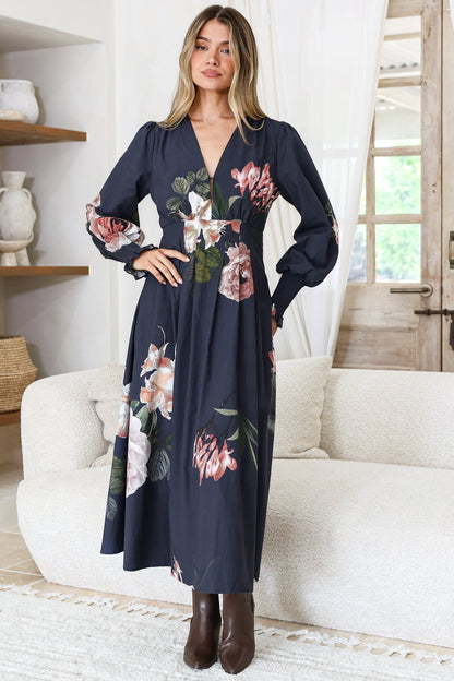 Romaine Midi Dress - V Neck Balloon Sleeve Dress with Shirred Elasticated Cuffs in Mika Print Navy