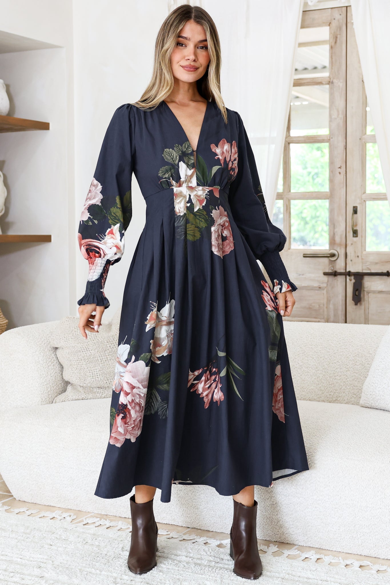 Romaine Midi Dress - V Neck Balloon Sleeve Dress with Shirred Elasticated Cuffs in Mika Print Navy
