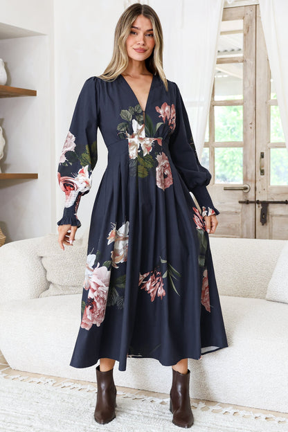 Romaine Midi Dress - V Neck Balloon Sleeve Dress with Shirred Elasticated Cuffs in Mika Print Navy