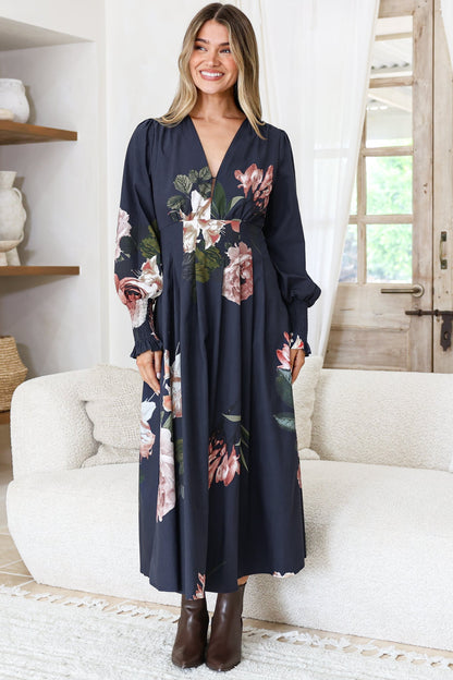 Romaine Midi Dress - V Neck Balloon Sleeve Dress with Shirred Elasticated Cuffs in Mika Print Navy