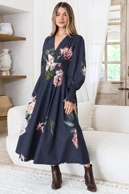 Romaine Midi Dress - V Neck Balloon Sleeve Dress with Shirred Elasticated Cuffs in Mika Print Navy