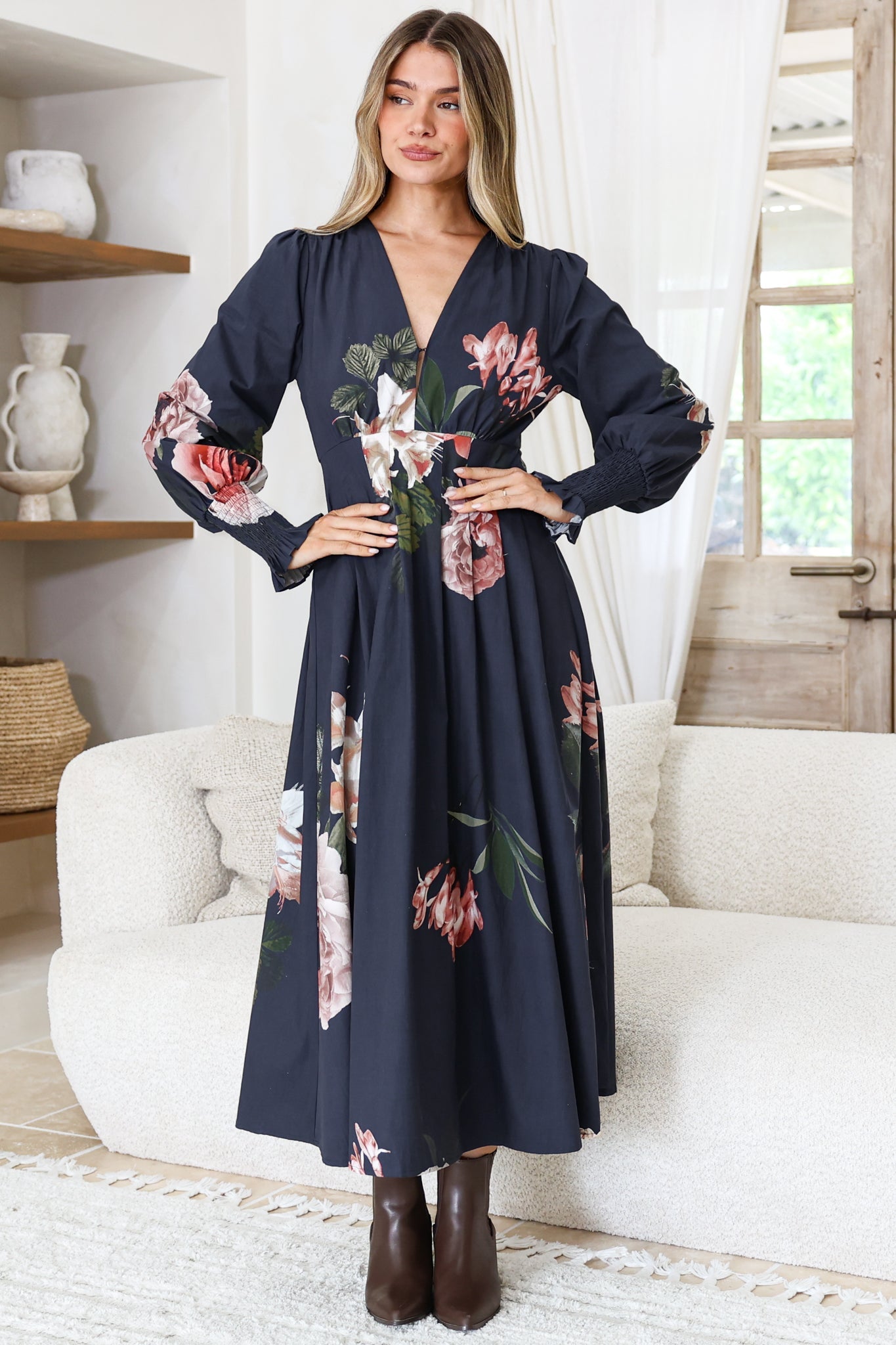 Romaine Midi Dress - V Neck Balloon Sleeve Dress with Shirred Elasticated Cuffs in Mika Print Navy