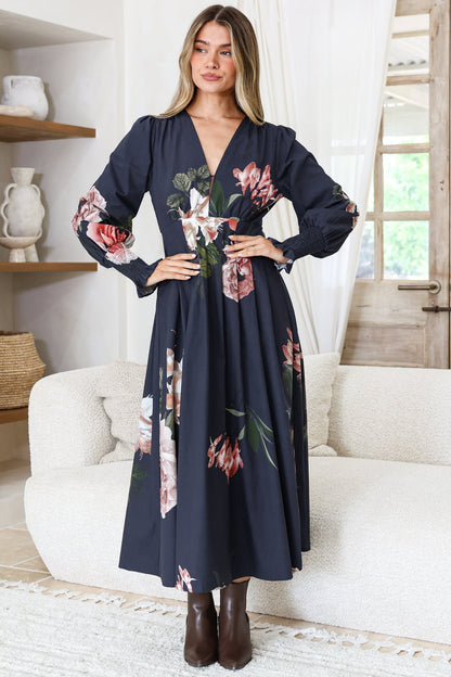 Romaine Midi Dress - V Neck Balloon Sleeve Dress with Shirred Elasticated Cuffs in Mika Print Navy
