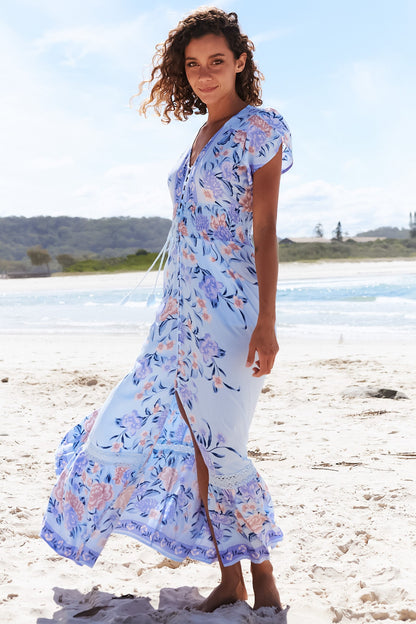 JAASE - Romi Maxi Dress: V Neck Cap Sleeve A-Line Button Through Dress in Heaven Print