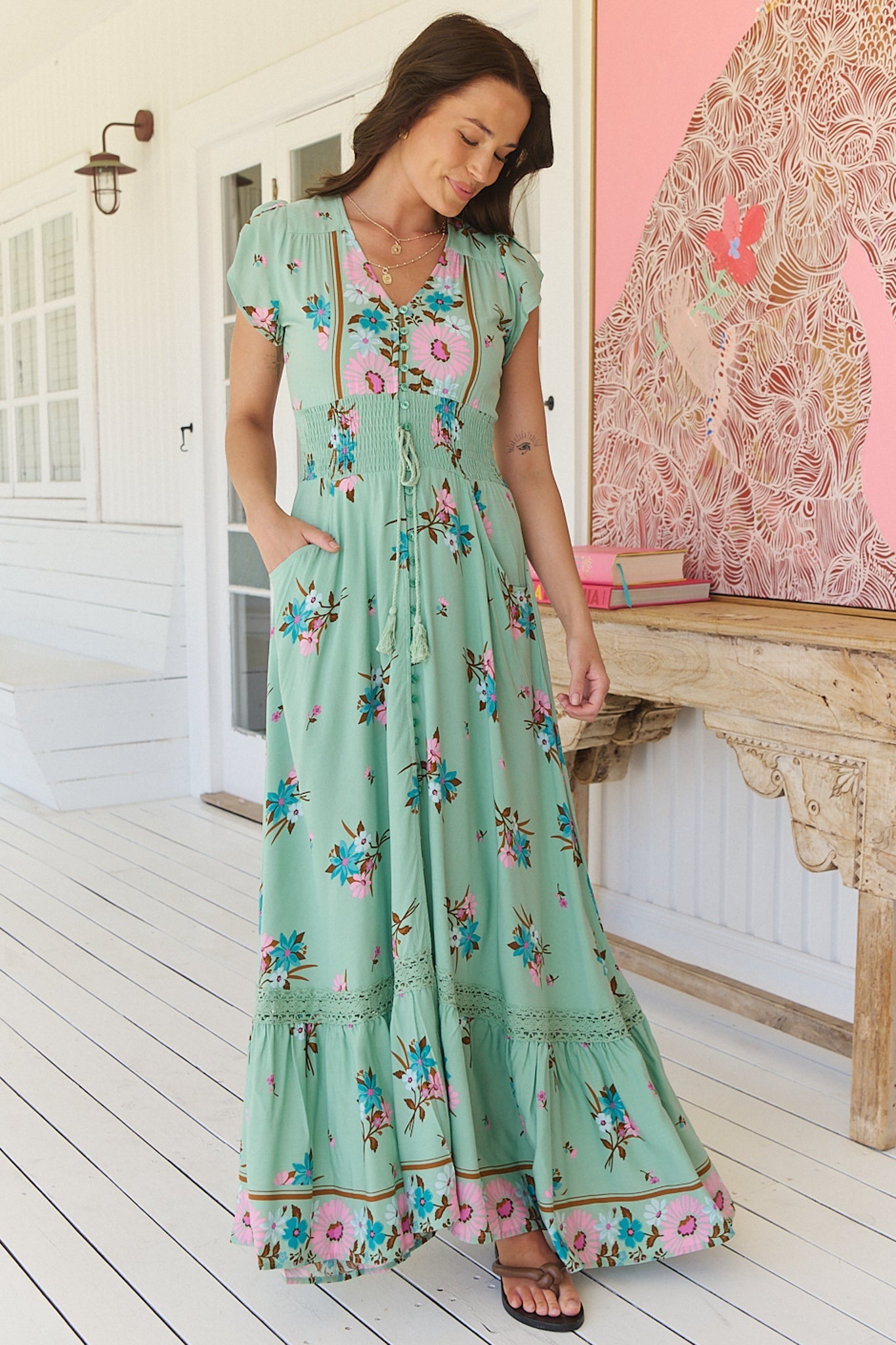 JAASE - Romi Maxi Dress: Button Down Cap Sleeve Dress with Waist Tie in Maribel Print