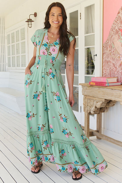 JAASE - Romi Maxi Dress: Button Down Cap Sleeve Dress with Waist Tie in Maribel Print