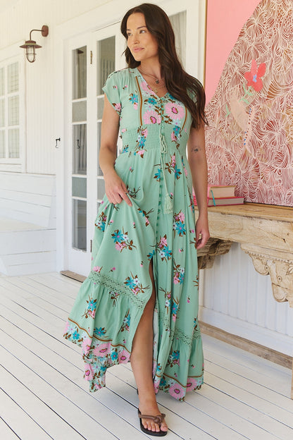 JAASE - Romi Maxi Dress: Button Down Cap Sleeve Dress with Waist Tie in Maribel Print
