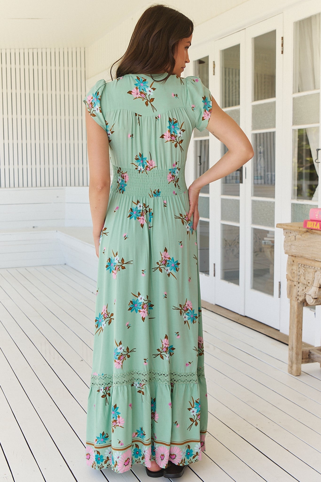 JAASE - Romi Maxi Dress: Button Down Cap Sleeve Dress with Waist Tie in Maribel Print