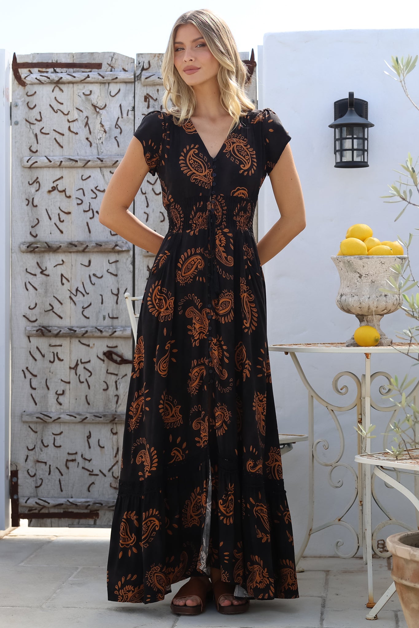 JAASE - Romi Maxi Dress: Button Down Cap Sleeve Dress with Waist Tie in Milan Print