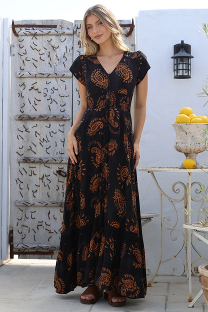 JAASE - Romi Maxi Dress: Button Down Cap Sleeve Dress with Waist Tie in Milan Print
