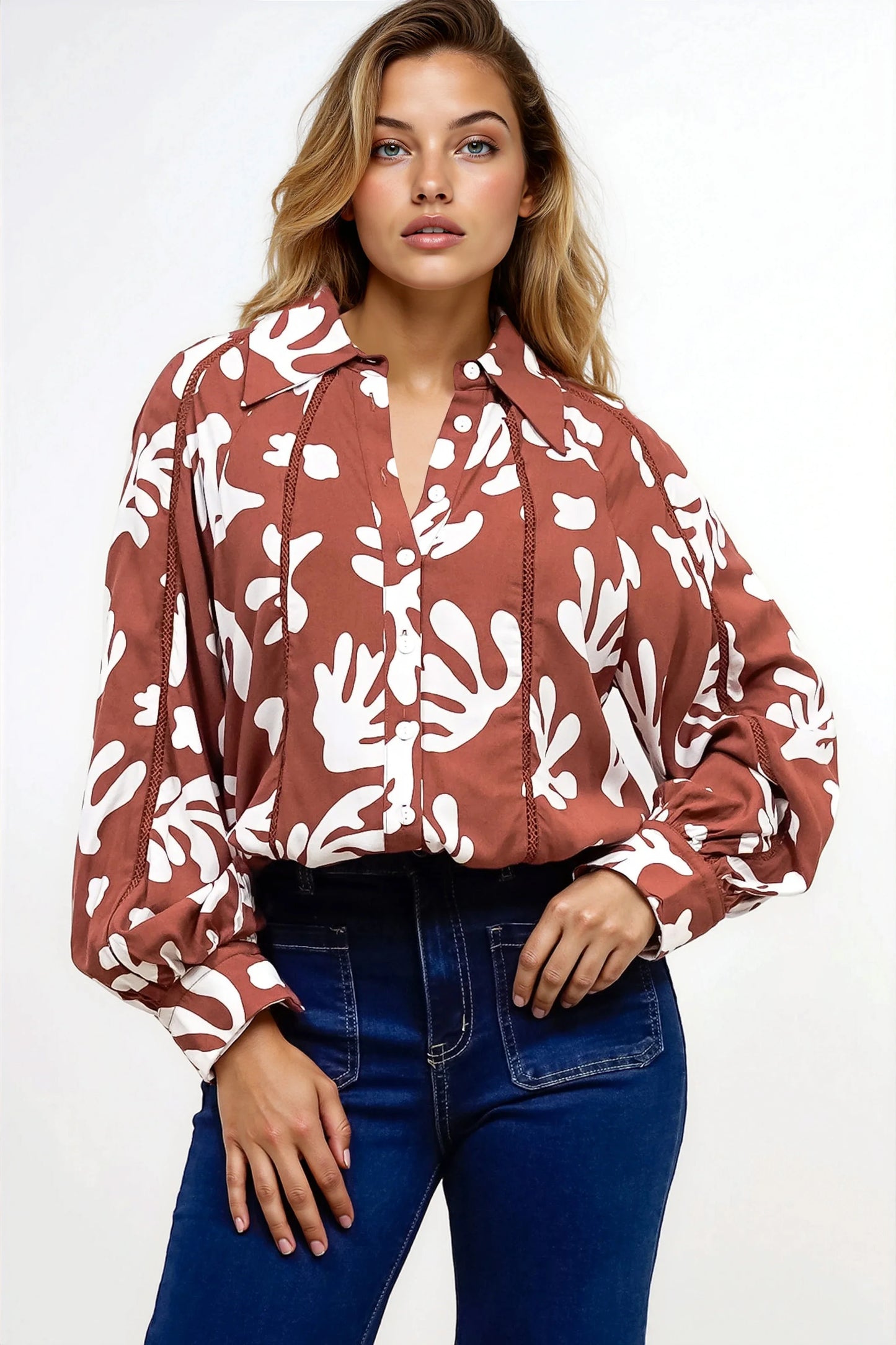 Romy Shirt - Collared Button Down with Long Sleeves in Stassie Print Brown