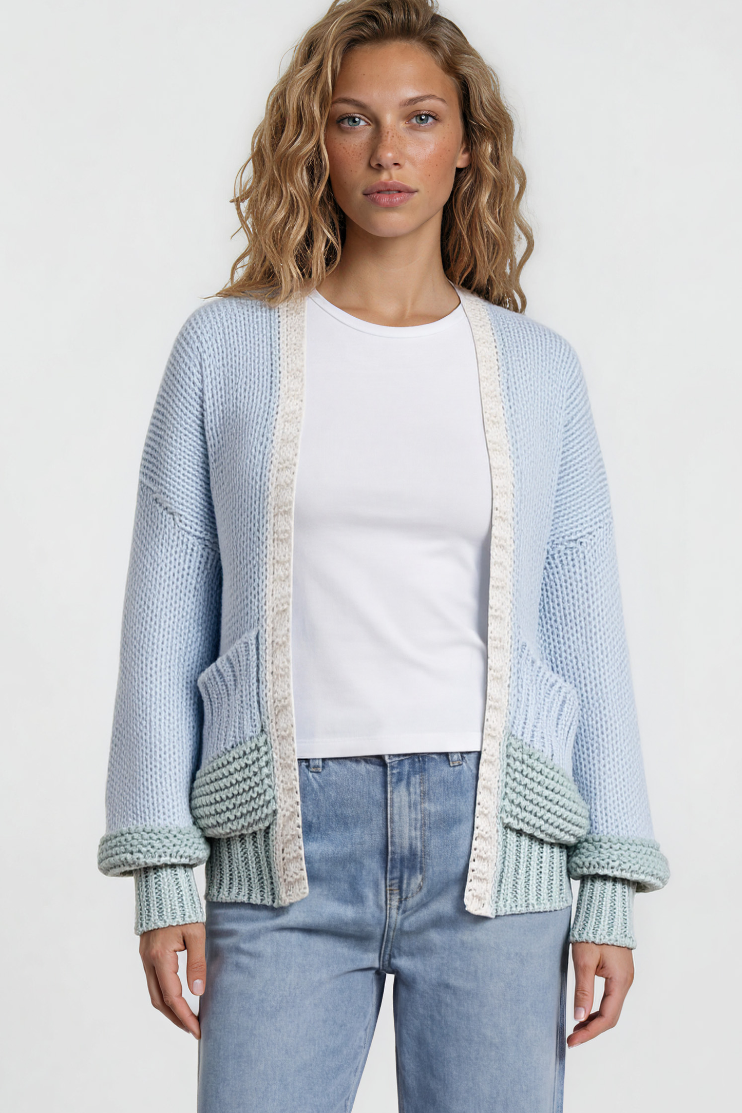Rosie Cardigan - Cropped Colour Block Cardigan in Blue/Green