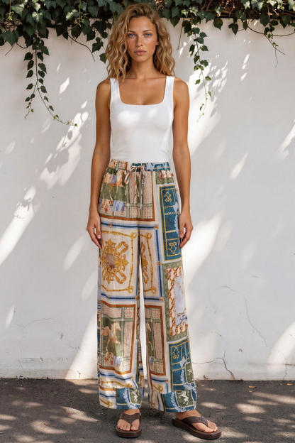 Rune Pants - High Waisted Wide Leg Pants with Elasticated Waistband and Pockets in Regalia Print