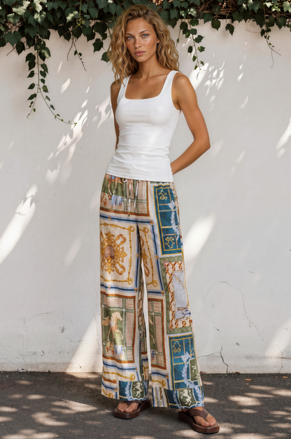 Rune Pants - High Waisted Wide Leg Pants with Elasticated Waistband and Pockets in Regalia Print