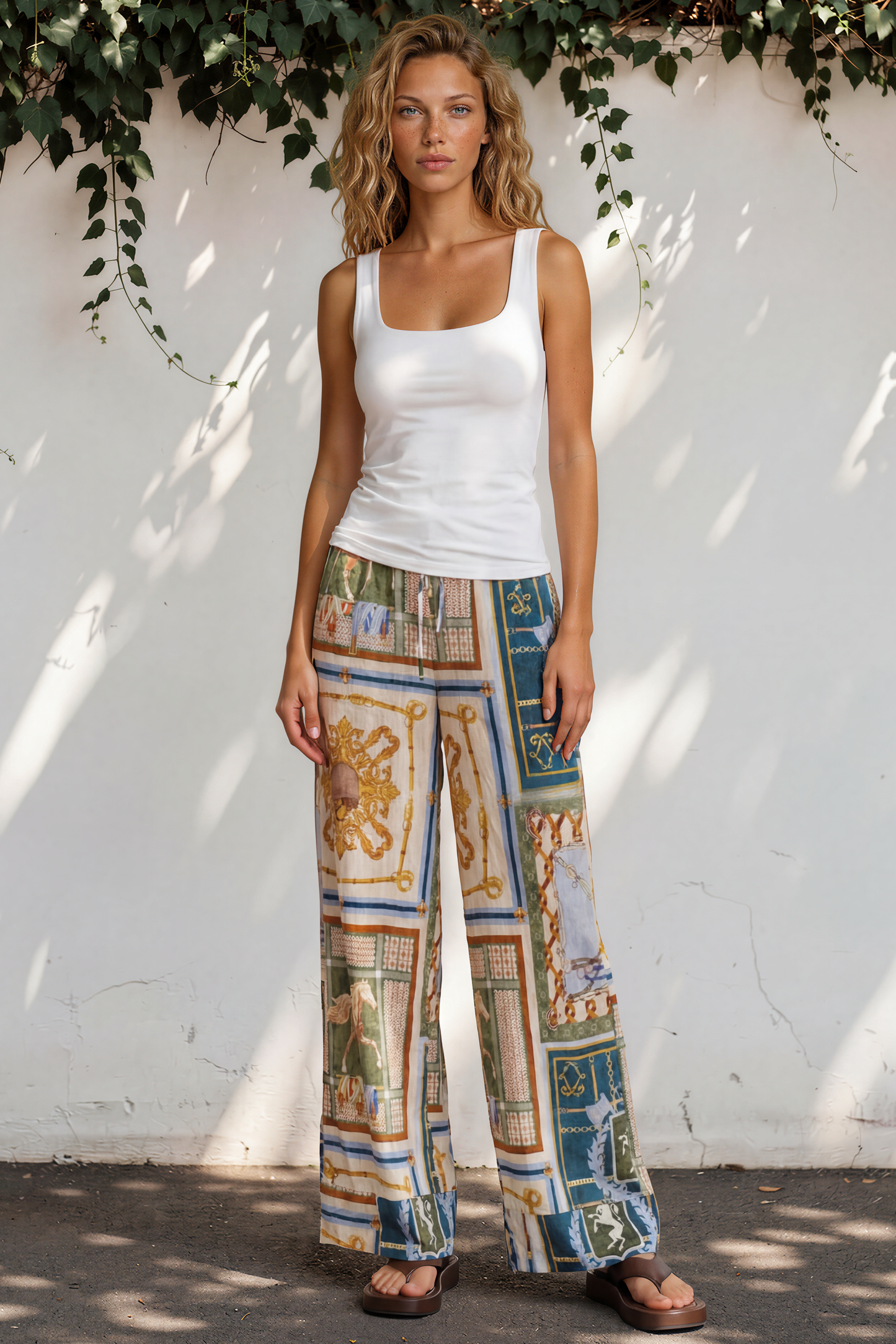 Rune Pants - High Waisted Wide Leg Pants with Elasticated Waistband and Pockets in Regalia Print