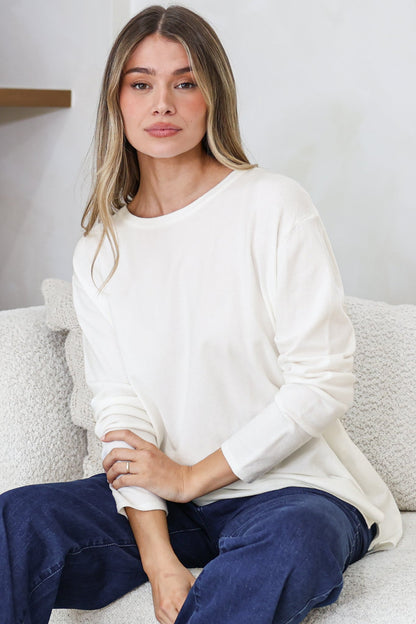 Rylee Jumper - Crew Neck Long Sleeve Pullover with Side Splits in Cream