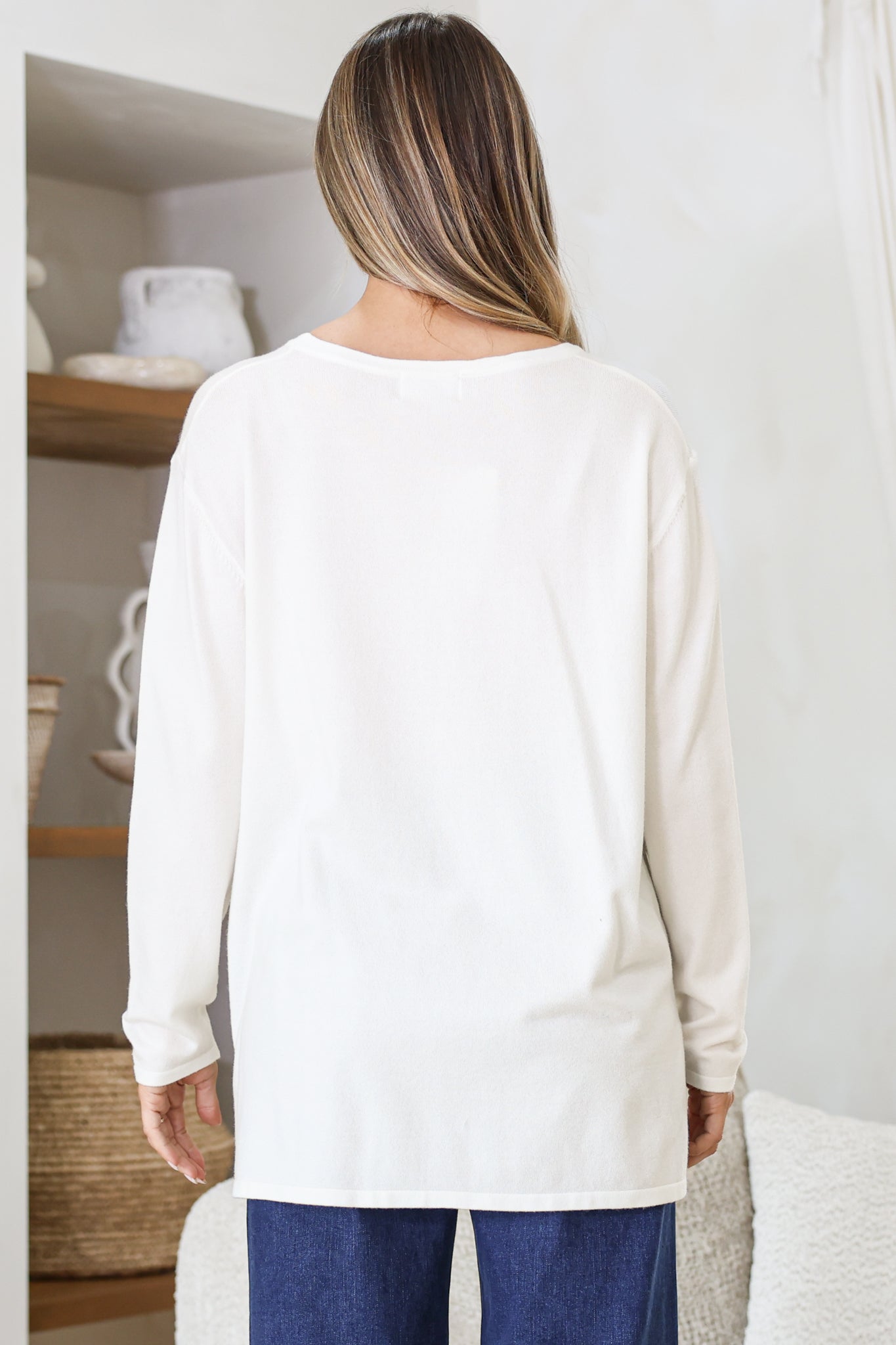 Rylee Jumper - Crew Neck Long Sleeve Pullover with Side Splits in Cream