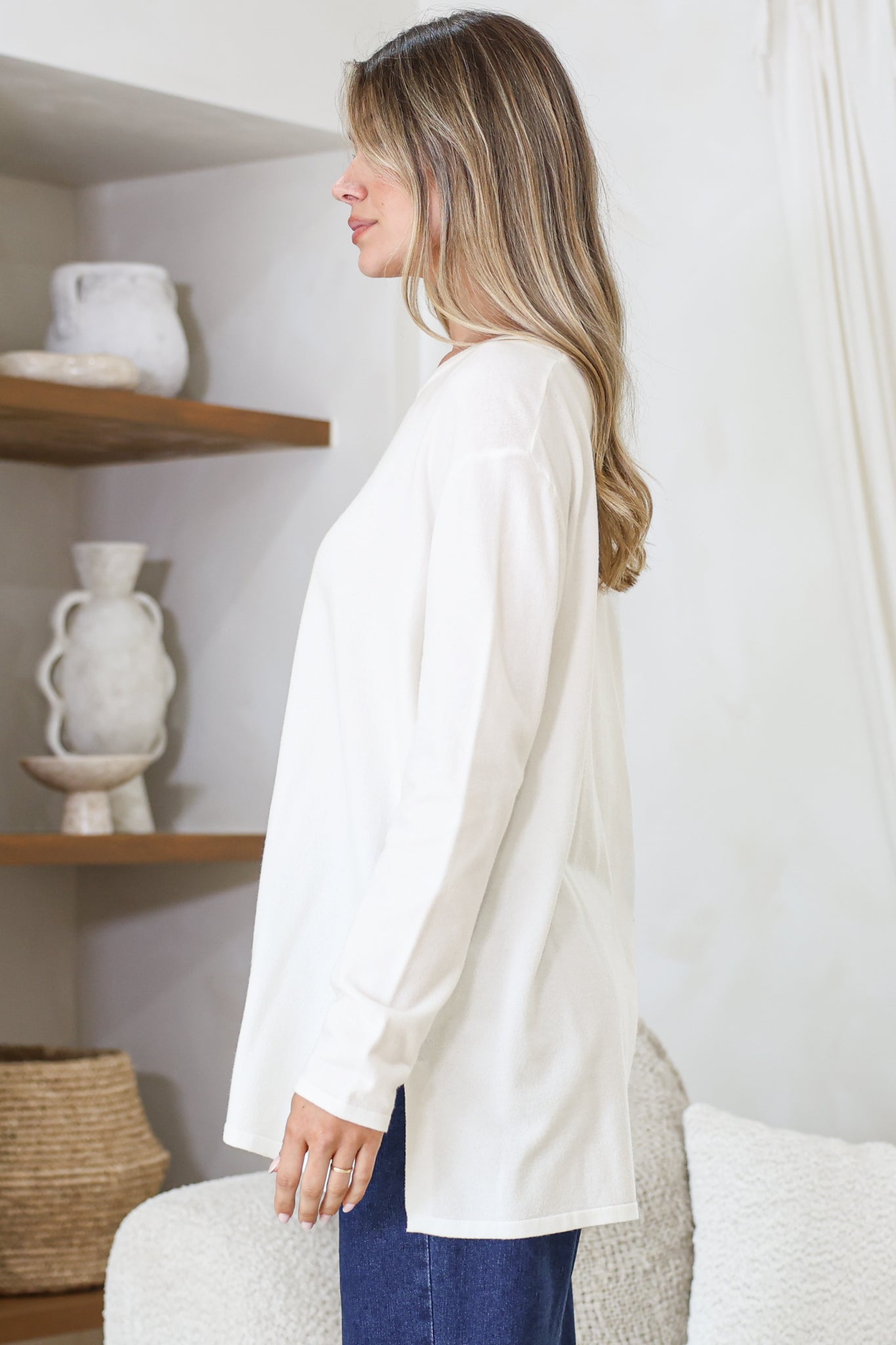 Rylee Jumper - Crew Neck Long Sleeve Pullover with Side Splits in Cream