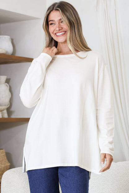 Rylee Jumper - Crew Neck Long Sleeve Pullover with Side Splits in Cream