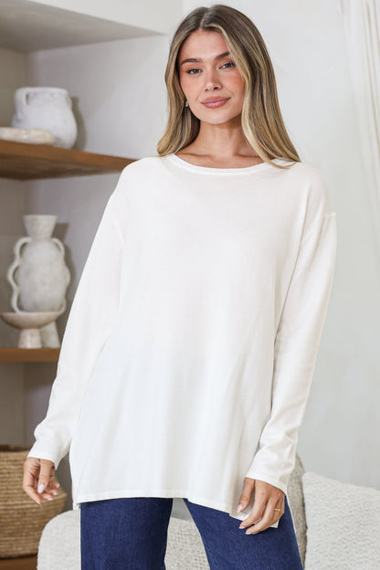 Rylee Jumper - Crew Neck Long Sleeve Pullover with Side Splits in Cream