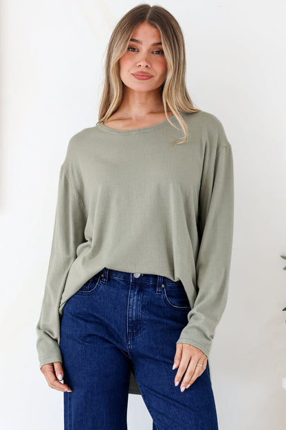 Rylee Jumper - Crew Neck Long Sleeve Pullover with Side Splits in Olive