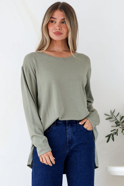 Rylee Jumper - Crew Neck Long Sleeve Pullover with Side Splits in Olive