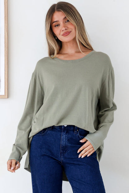 Rylee Jumper - Crew Neck Long Sleeve Pullover with Side Splits in Olive