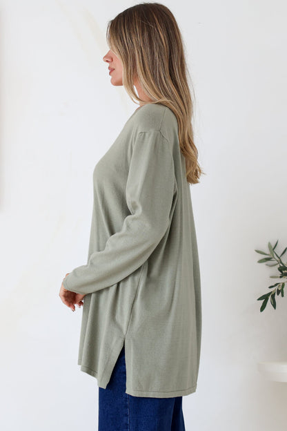 Rylee Jumper - Crew Neck Long Sleeve Pullover with Side Splits in Olive