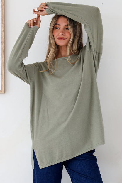 Rylee Jumper - Crew Neck Long Sleeve Pullover with Side Splits in Olive