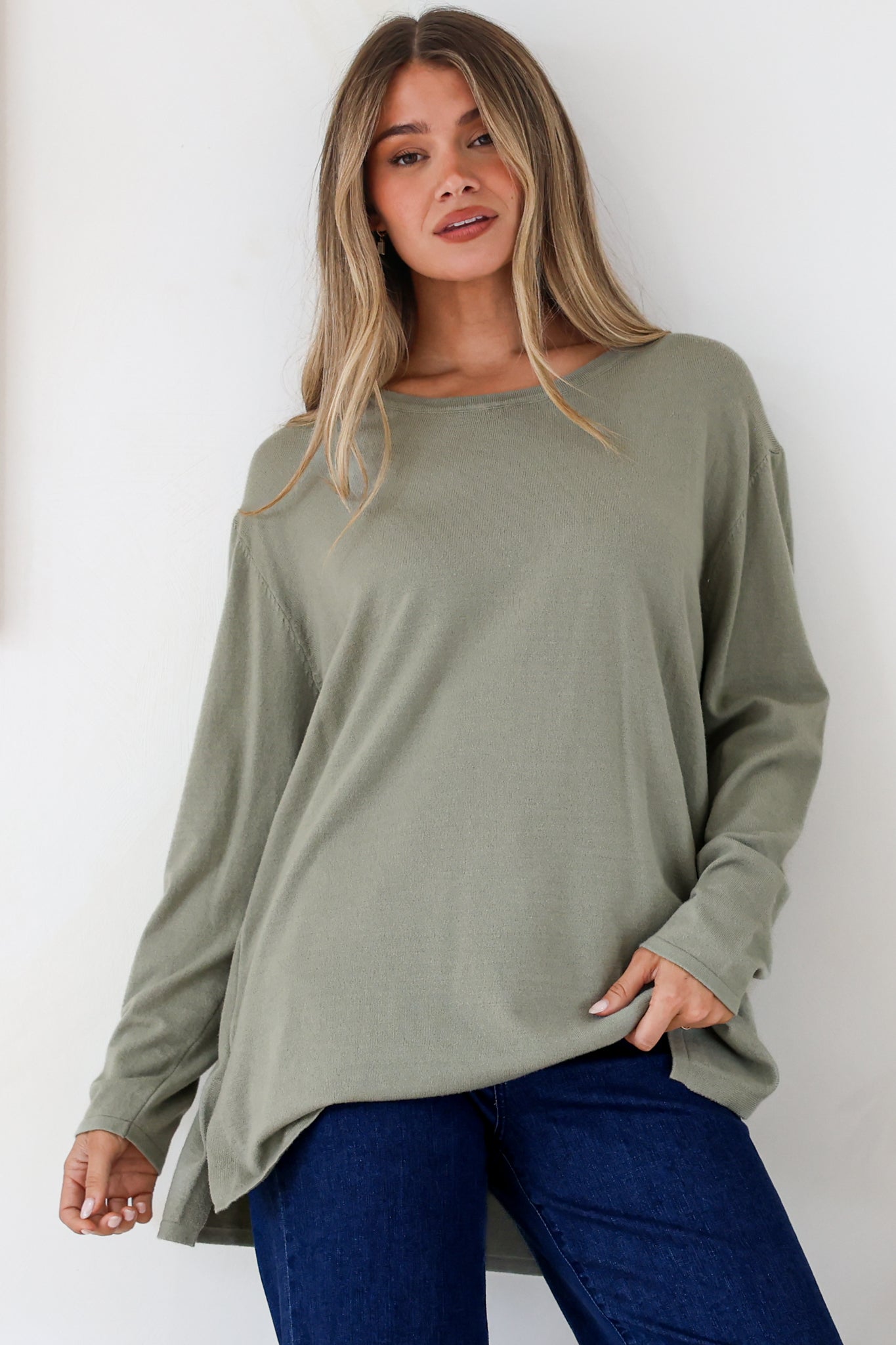 Rylee Jumper - Crew Neck Long Sleeve Pullover with Side Splits in Olive