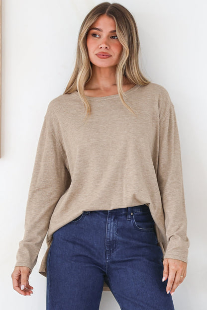 Rylee Jumper - Crew Neck Long Sleeve Pullover with Side Splits in Taupe