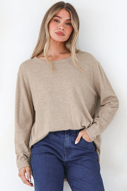 Rylee Jumper - Crew Neck Long Sleeve Pullover with Side Splits in Taupe