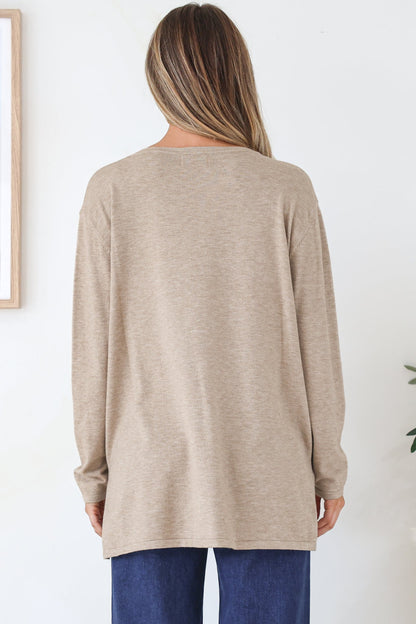 Rylee Jumper - Crew Neck Long Sleeve Pullover with Side Splits in Taupe