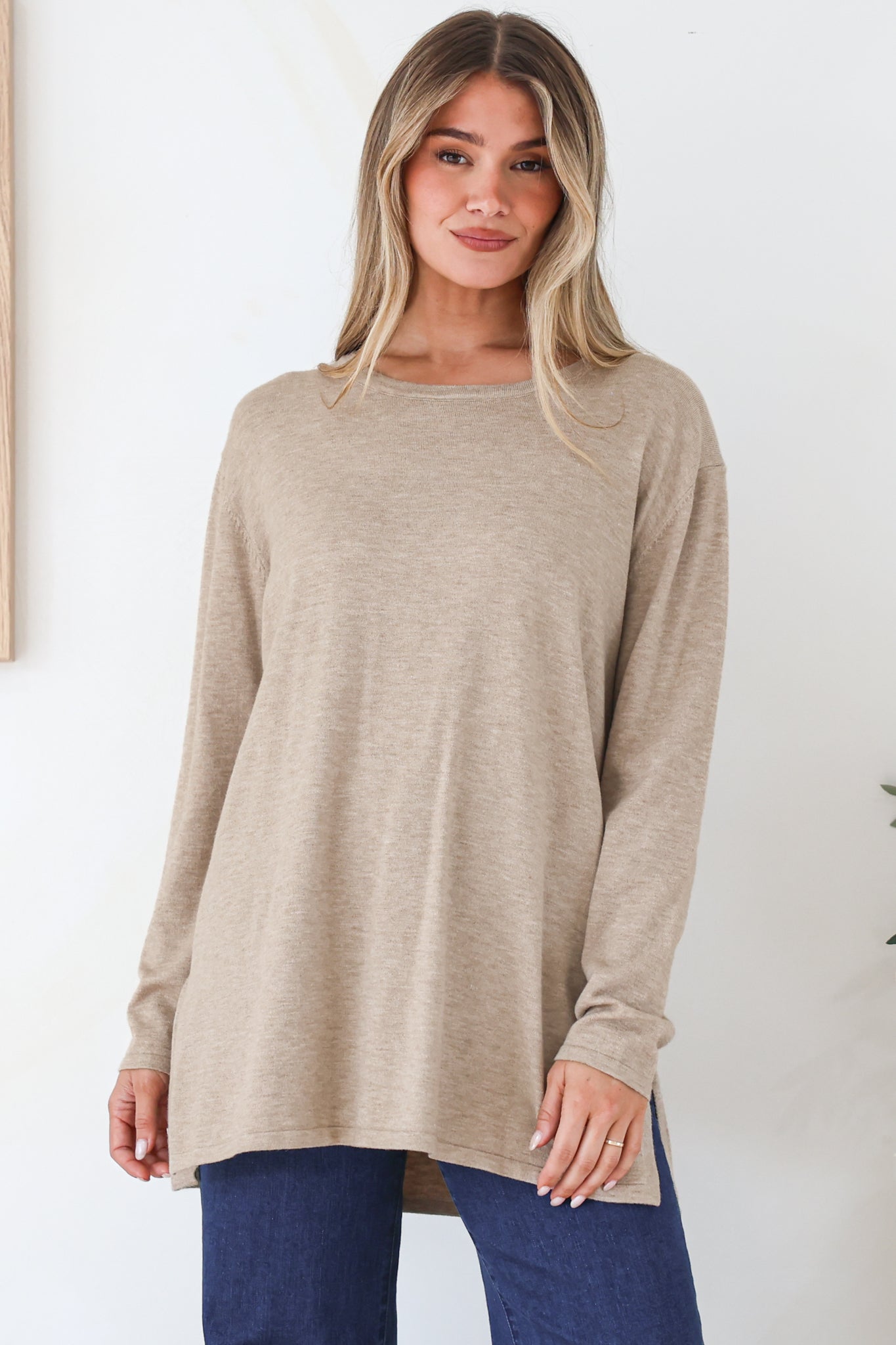Rylee Jumper - Crew Neck Long Sleeve Pullover with Side Splits in Taupe