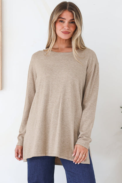Rylee Jumper - Crew Neck Long Sleeve Pullover with Side Splits in Taupe
