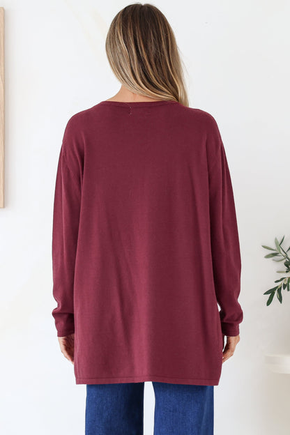 Rylee Jumper - Crew Neck Long Sleeve Pullover with Side Splits in Wine