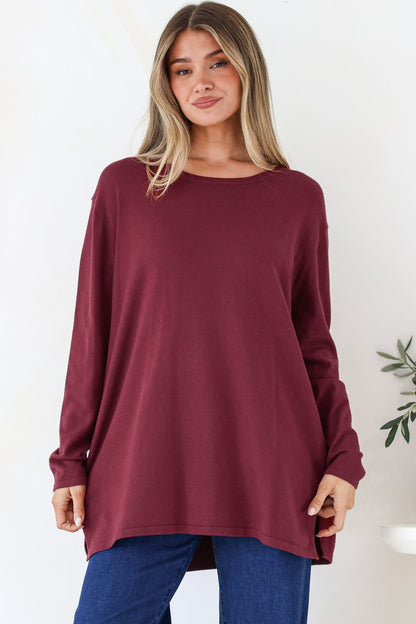 Rylee Jumper - Crew Neck Long Sleeve Pullover with Side Splits in Wine