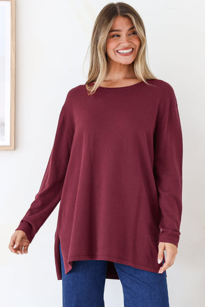 Rylee Jumper - Crew Neck Long Sleeve Pullover with Side Splits in Wine