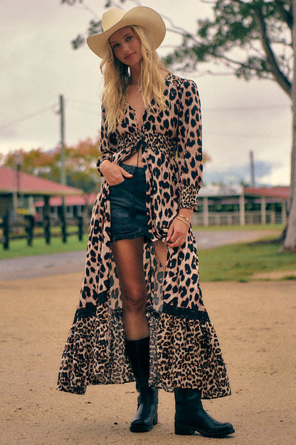 JAASE - Sabrina Maxi Dress: A Line Button Through Dress with Long Sleeves in Untamed Print